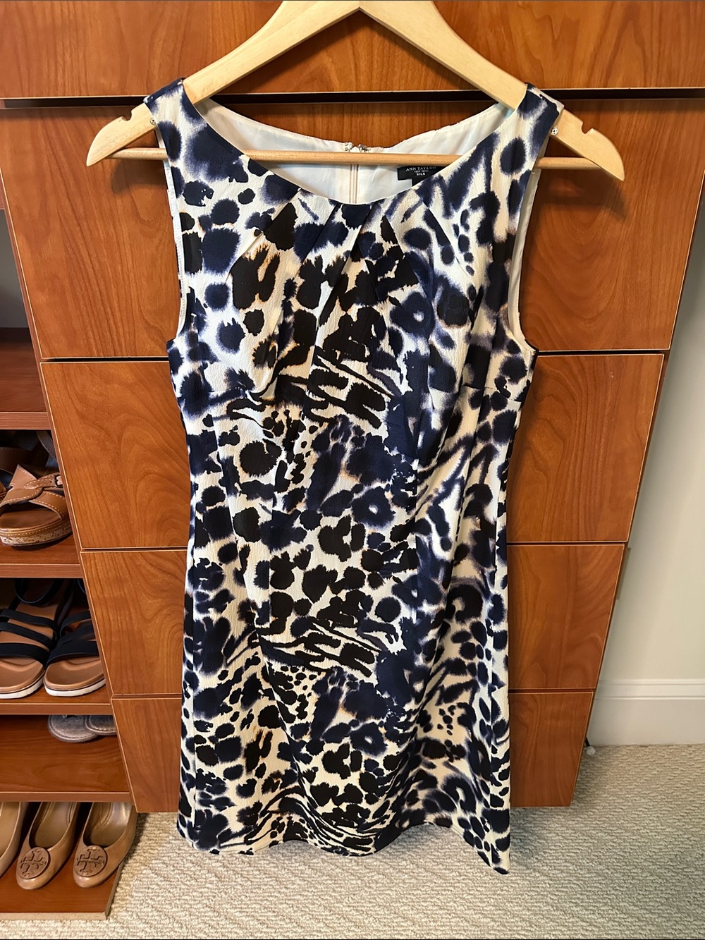 Ann Taylor Navy and Cream Animal-Print Sleeveless Sheath Dress